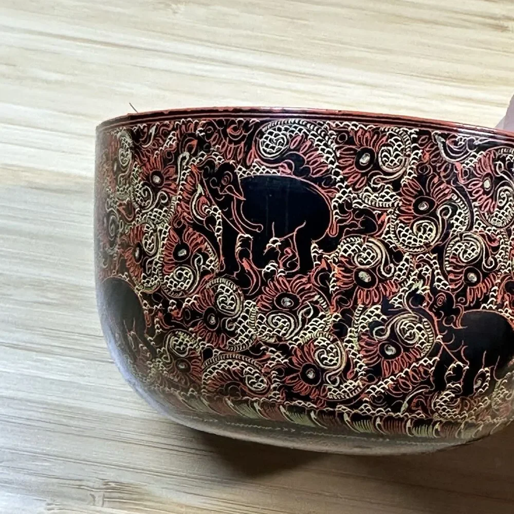 Vintage Burmese Lacquerware Bowls Cups 3- Pieces Burma Horsehair Bamboo Handmade